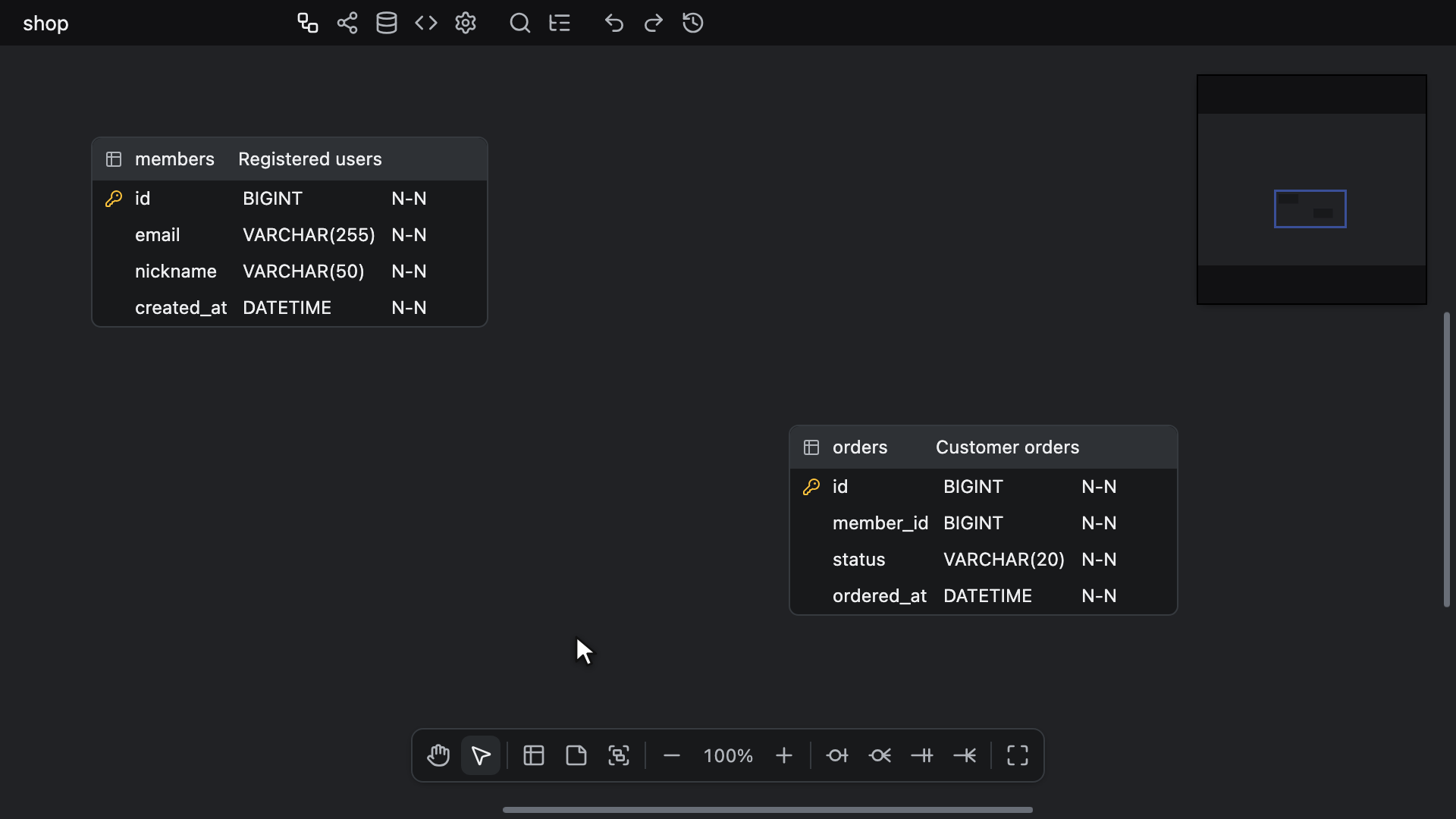 رسم علاقة Zero N من members إلى orders، واختيار Map to existing columns، وتعيين id إلى العمود الموجود member_id