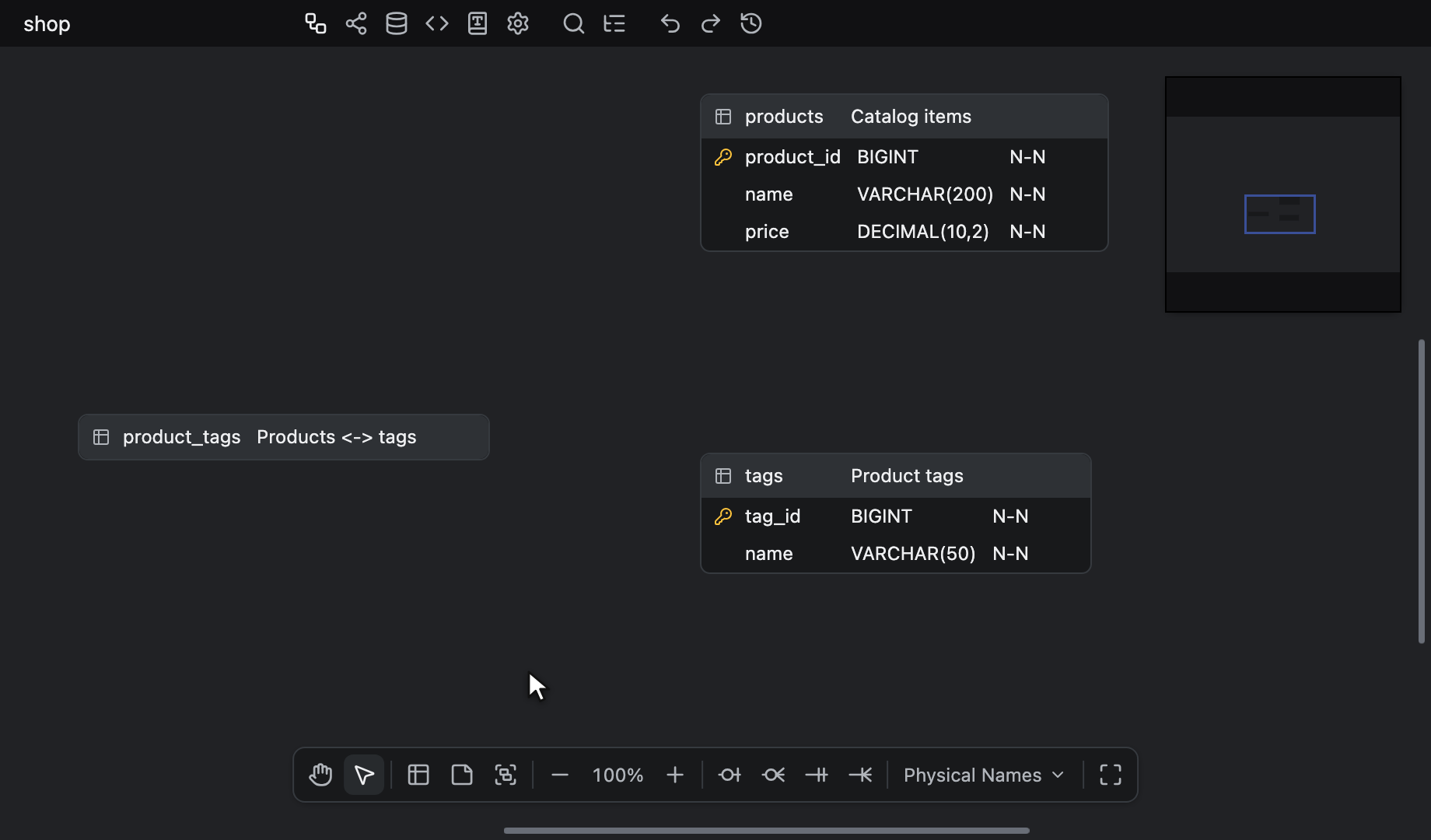 Drawing relationships from products and then tags into the empty product_tags table with ⌘ + ⌥ + 2, adding product_id and then tag_id