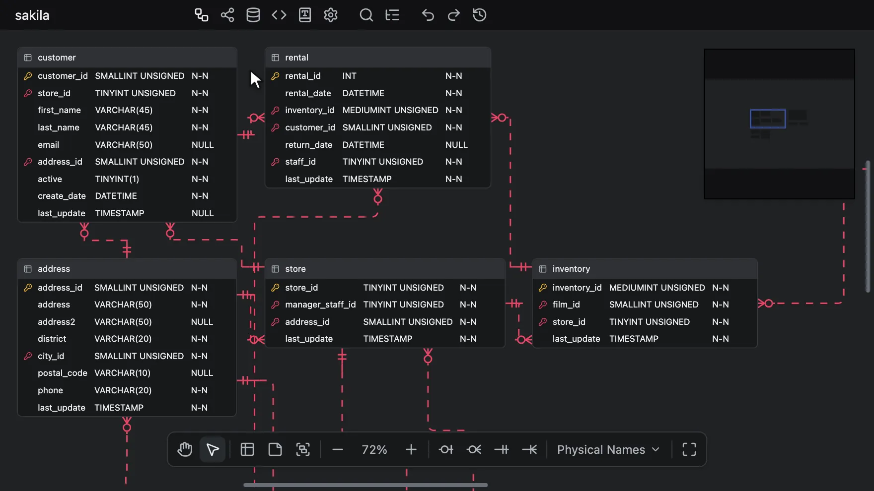 Opening Graph mode, hovering a table for its preview, dragging a node, and zooming out and back in