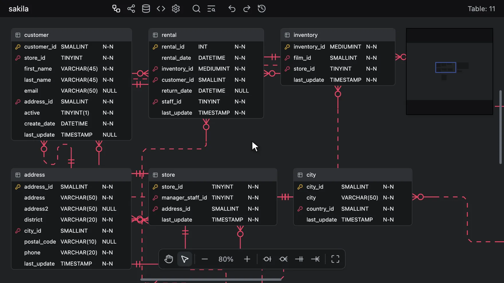 Opening Graph mode, hovering a table for its preview, dragging a node, and zooming out and back in