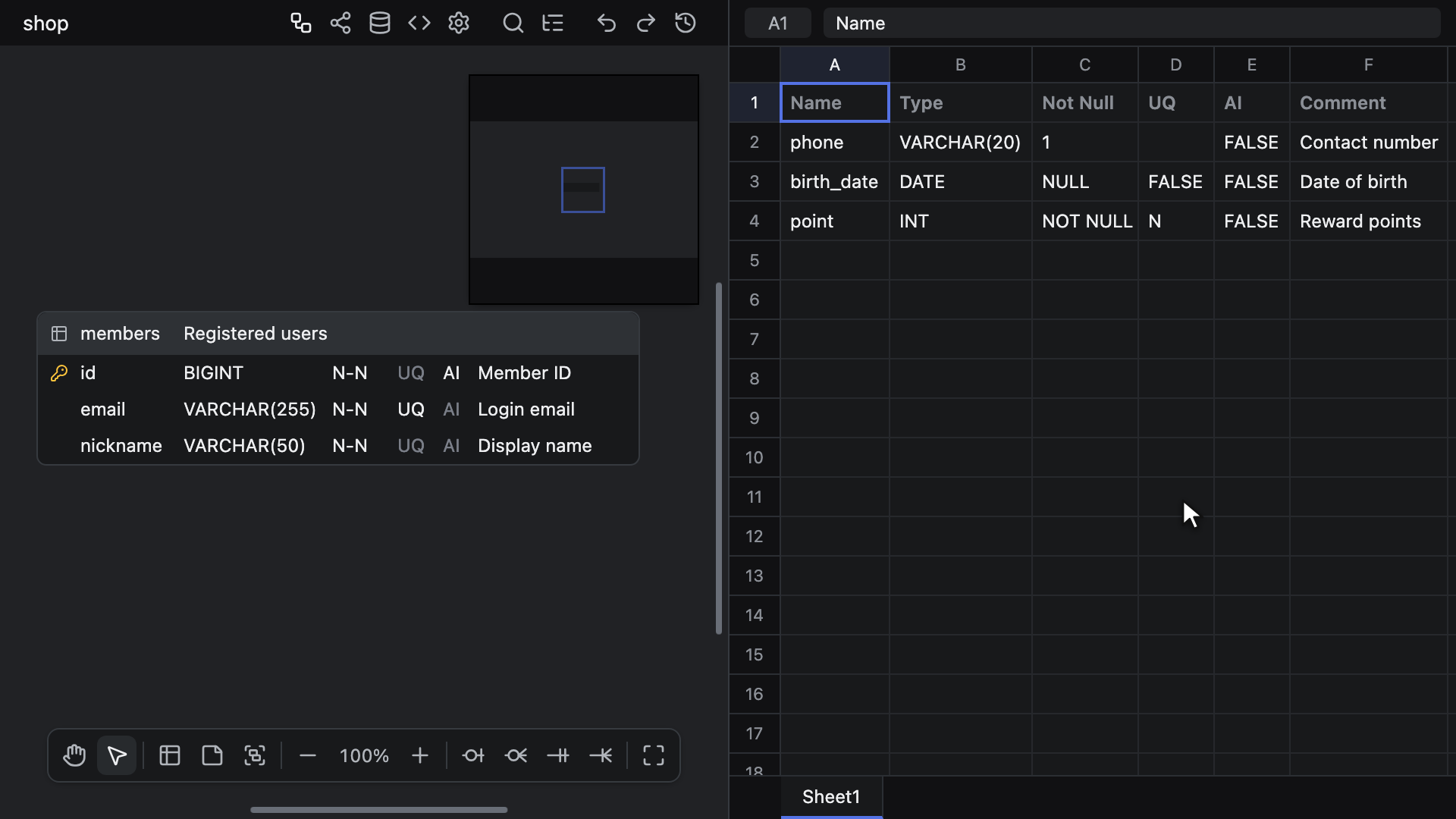 جای‌گذاری سه ردیف صفحه‌گسترده به‌صورت ستون در یک جدول، با خوانده شدن YES، 1 و NOT NULL به‌عنوان true