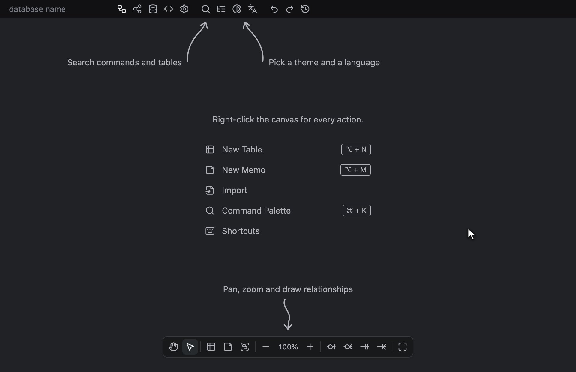 La schermata di benvenuto su un diagramma vuoto: apertura dei formati di Import, ritorno con Esc, aggiunta di una tabella con New Table e poi ricomparsa della schermata con ⌘ + Z