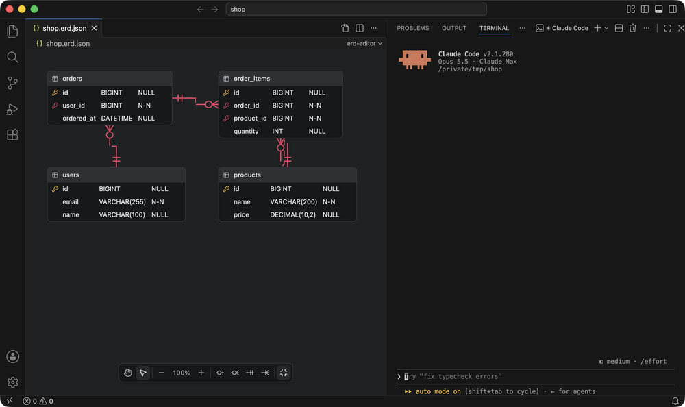 VS Code で開いているダイアグラムに、コーディングエージェントがテーブルとリレーションシップを追加する様子