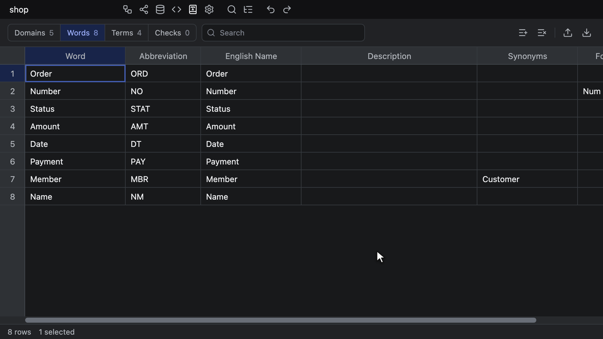 Words シートでセルに NUM と上書き入力して Enter を押し、⌥ + Enter で行を挿入して Tab で埋め、グリッドのメニューから Word で並べ替えてから、ord を検索して Esc で検索を空にする様子