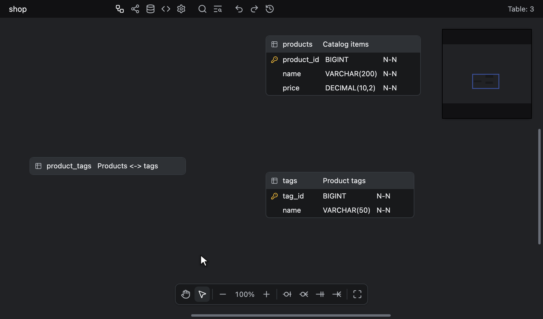 ⌘ + ⌥ + 2 で products、続いて tags から空の product_tags テーブルへリレーションシップを作成し、product_id、続いて tag_id を追加する様子