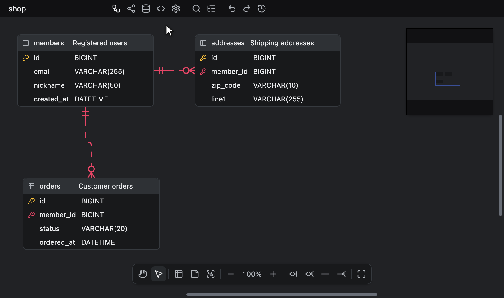 Vlečenje ene od dveh izbranih tabel premakne obe, relacija pa jima sledi